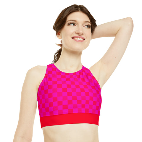 Cerise & Red Checkered Board High Neck Crop Bikini Top