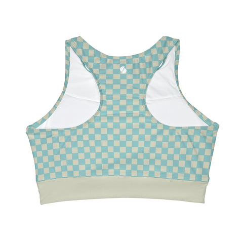 Soft Blue & Cream Checkered Board High Neck Crop Bikini Top