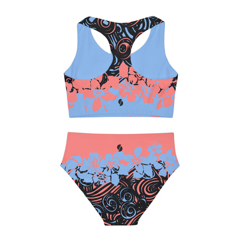 Charlie Blue & Coral Hibiscus Kid/Tween Two Piece Swimsuit
