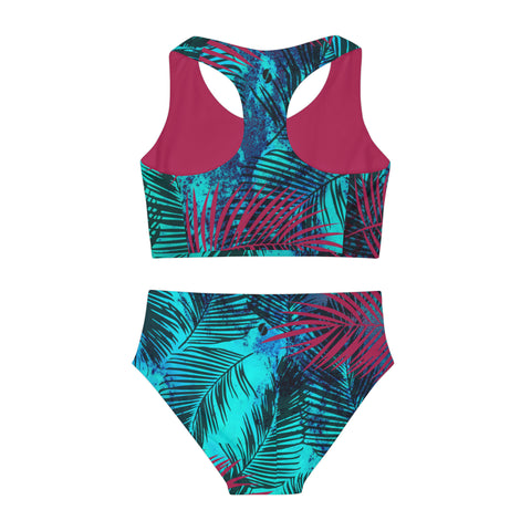 Toby Tropical Maroon and Teal Kid/Tween Two Piece Swimsuit
