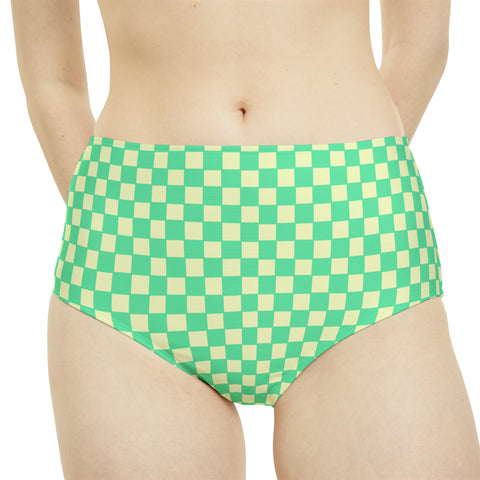 Green & Yellow Checkered Board High-Waist Hipster Bikini Bottom