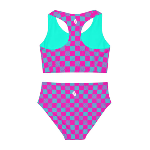 Logan Cerise & Neon Blue Checkered Board kid/tween two piece swimsuit