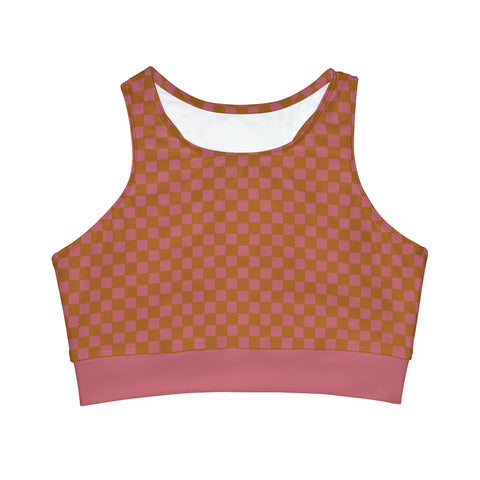 Copper & Pink Checkered Board High Neck Crop Bikini Top