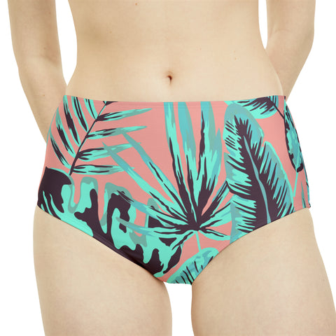 Psychedelic Jungle Mint & Coral High-Waist Hipster Bikini Bottom