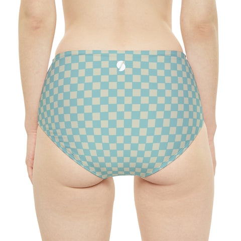 Soft Blue & Cream Checkered Board High-Waist Hipster Bikini Bottom
