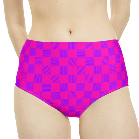 Cerise & Purple Checkered Board High-Waist Hipster Bikini Bottom