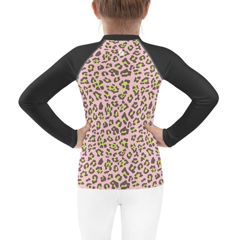 Dakota Lime & Pink Leopard kid long-sleeve rash guard swim top