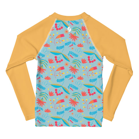 Izzy Bright Floral & Orange kid long-sleeve rash guard swim top