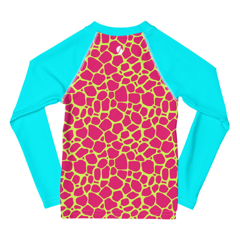 Vinnie Neon Pink & Teal Giraffe kid long sleeve rash guard swim top