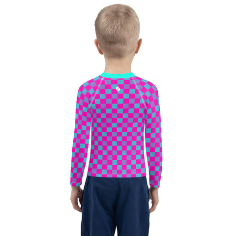 Logan Cerise & Neon Blue Checkered Board kid long sleeve rash guard swim top