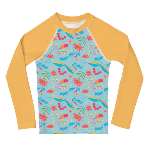 Izzy Bright Floral & Orange kid long-sleeve rash guard swim top