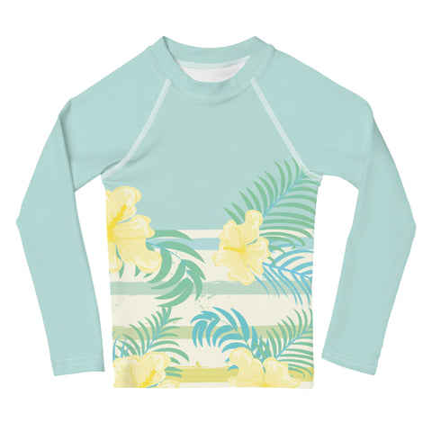 Maya Blue & Yellow Hibiscus kid long-sleeve rash guard swim top