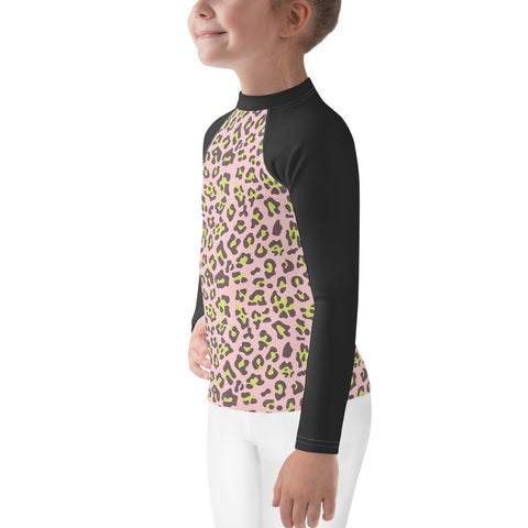 Dakota Lime & Pink Leopard kid long-sleeve rash guard swim top