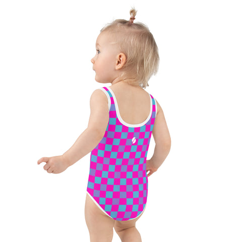 Logan Cerise & Neon Blue Checkered Board kid full swimsuit