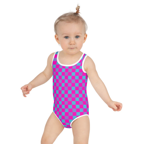 Logan Cerise & Neon Blue Checkered Board kid full swimsuit
