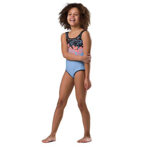 Charlie Blue & Coral Hibiscus kid full swimsuit