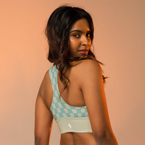 Soft Blue & Cream Checkered Board recycled longline bralette top