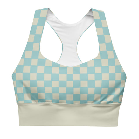 Soft Blue & Cream Checkered Board recycled longline bralette top