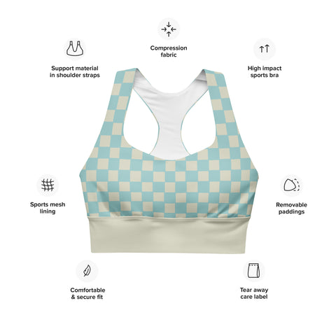 Soft Blue & Cream Checkered Board recycled longline bralette top