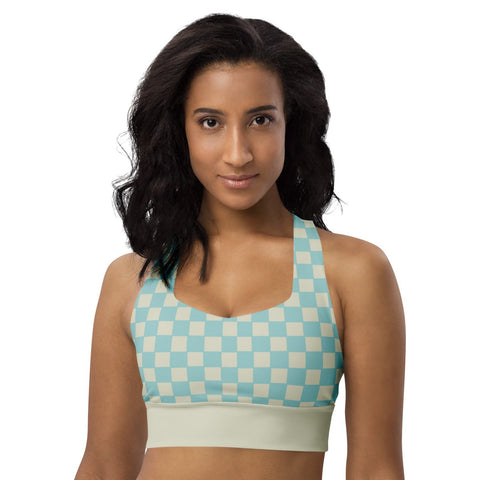 Soft Blue & Cream Checkered Board recycled longline bralette top