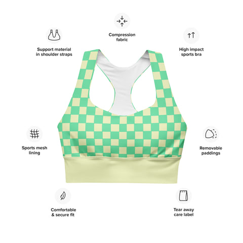 Green & Yellow Checkered Board recycled longline bralette top