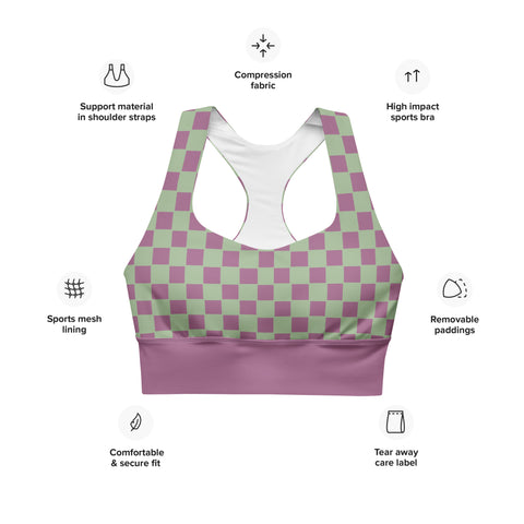 Retro Purple & Green Checkered Board recycled longline bralette top