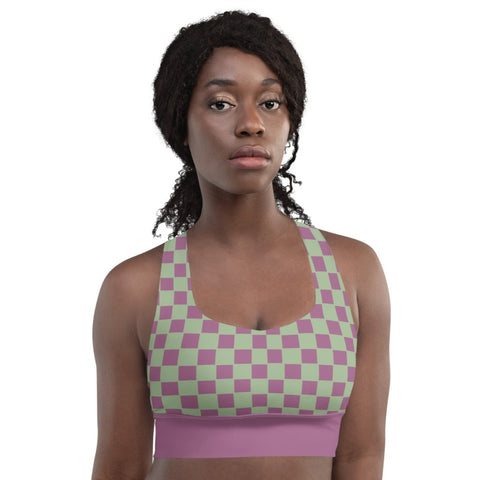 Retro Purple & Green Checkered Board recycled longline bralette top