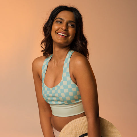 Soft Blue & Cream Checkered Board recycled longline bralette top