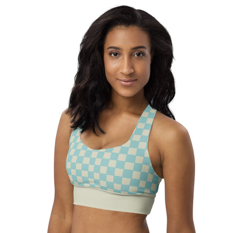 Soft Blue & Cream Checkered Board recycled longline bralette top