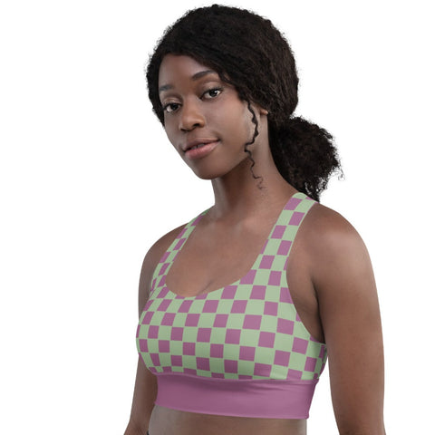 Retro Purple & Green Checkered Board recycled longline bralette top