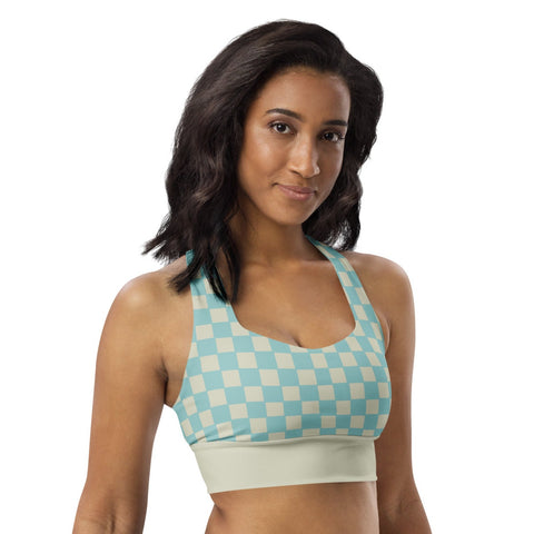 Soft Blue & Cream Checkered Board recycled longline bralette top