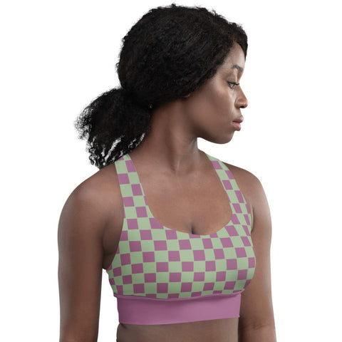 Retro Purple & Green Checkered Board recycled longline bralette top