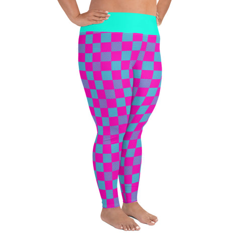 Cerise & Neon Aqua Checkered Board plus size leggings