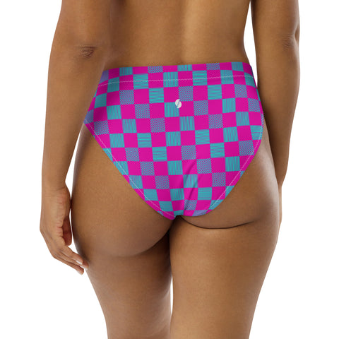 Cerise & Neon Aqua Checkered Board cheeky high-waisted bikini bottom (Recycled, Eco)