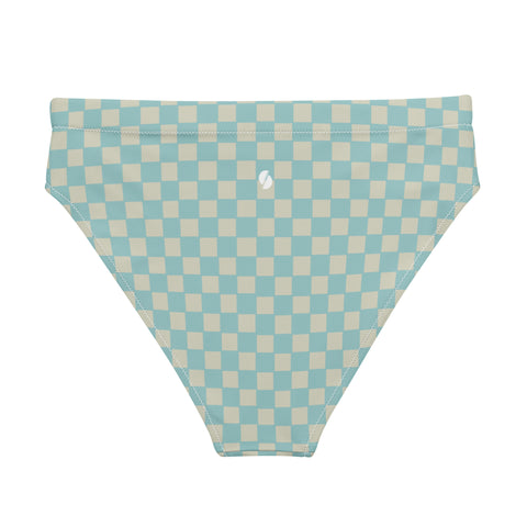 Soft Blue & Cream Checkered Board cheeky high-waisted bikini bottom (Recycled, Eco)