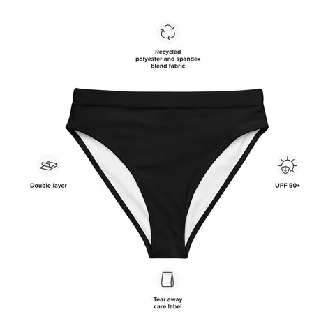 Solid Black cheeky high-waisted bikini bottom (Recycled, Eco)