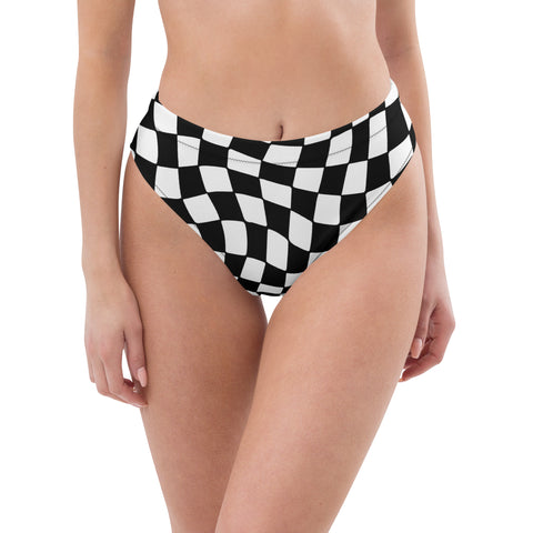 Black & White Checkered Board cheeky high-waisted bikini bottom (Recycled, Eco)
