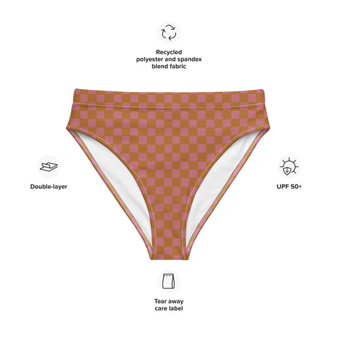 Copper & Pink Checkered Board cheeky high-waisted bikini bottom (Recycled, Eco)