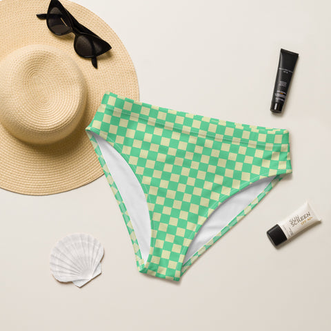 Green & Yellow Checkered Board cheeky high-waisted bikini bottom (Recycled, Eco)