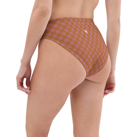 Copper & Pink Checkered Board cheeky high-waisted bikini bottom (Recycled, Eco)