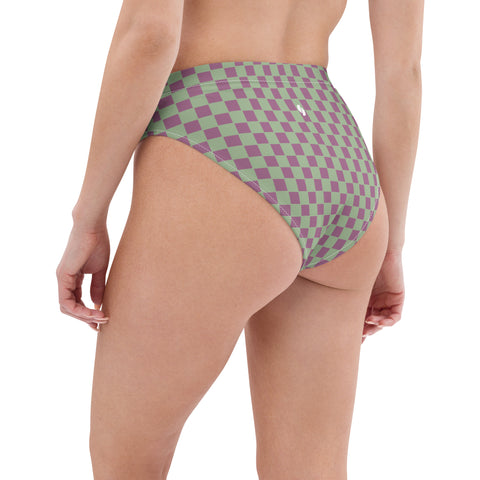 Retro Purple & Green Checkered Board cheeky high-waisted bikini bottom (Recycled, Eco)