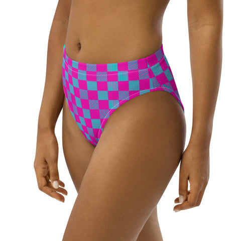 Cerise & Neon Aqua Checkered Board cheeky high-waisted bikini bottom (Recycled, Eco)
