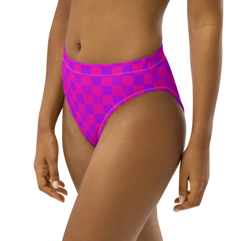Cerise & Purple Checkered Board cheeky high-waisted bikini bottom (Recycled, Eco)