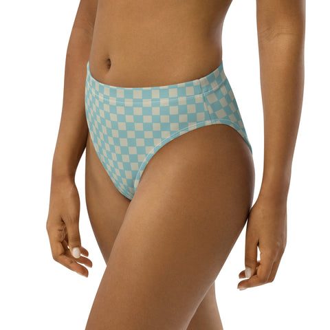 Soft Blue & Cream Checkered Board cheeky high-waisted bikini bottom (Recycled, Eco)