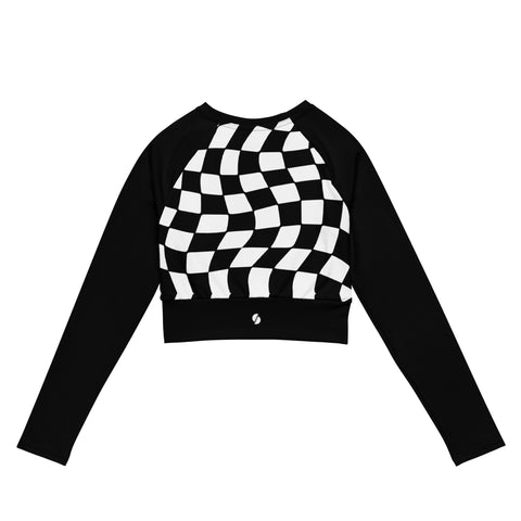 Black & White Checkered Board crop long sleeve rash guard swim top