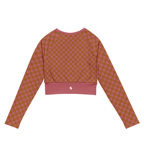Copper & Pink Checkered Board crop long sleeve rash guard swim top