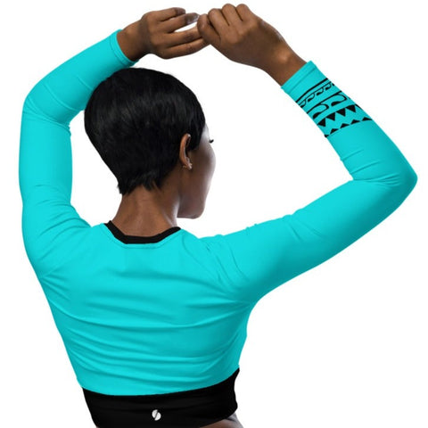 Into The Greens tropical long-sleeve crop rash guard swim top (teal & black solid colours)