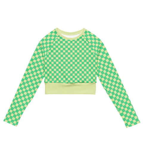 Green & Yellow Checkered Board crop long sleeve rash guard swim top