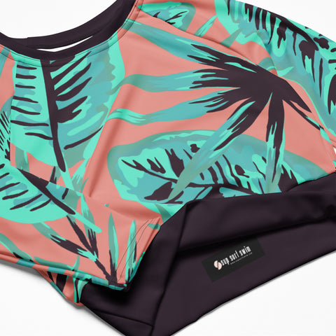 Psychedelic Jungle Mint & Coral crop long sleeve rash guard swim top