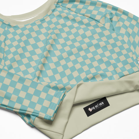 Soft Blue & Cream Checkered Board crop long sleeve rash guard swim top